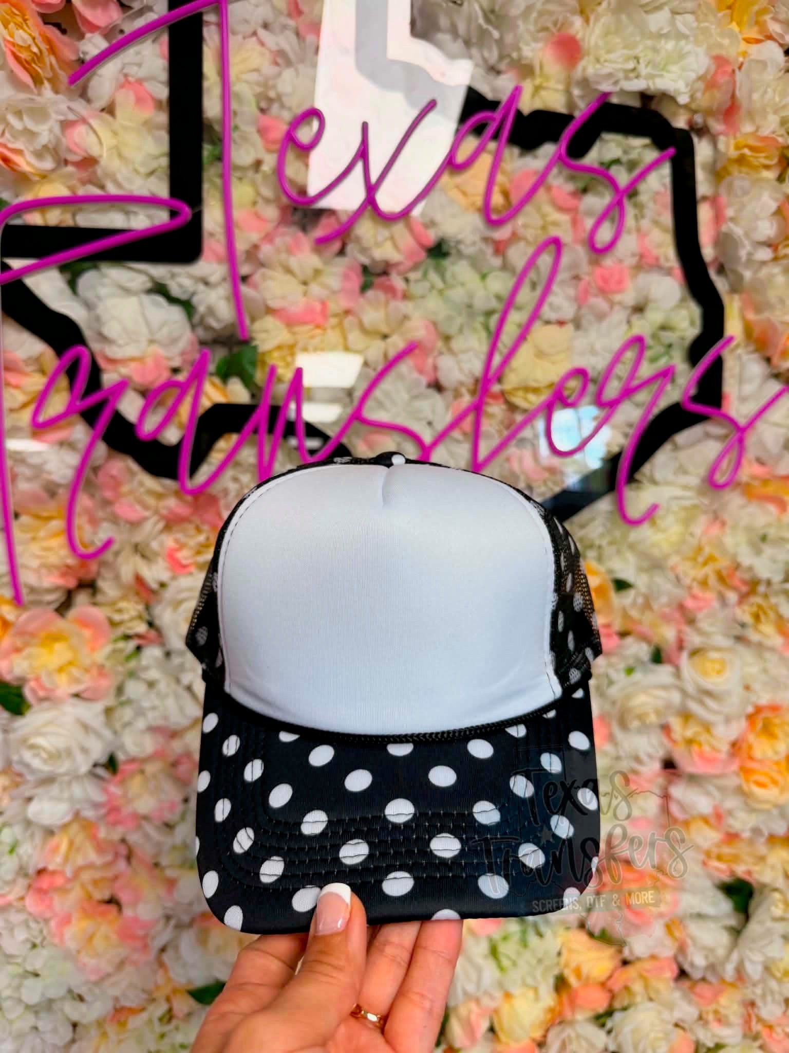 Black and White Polka Dot Trucker Hat - Texas Transfers and Designs