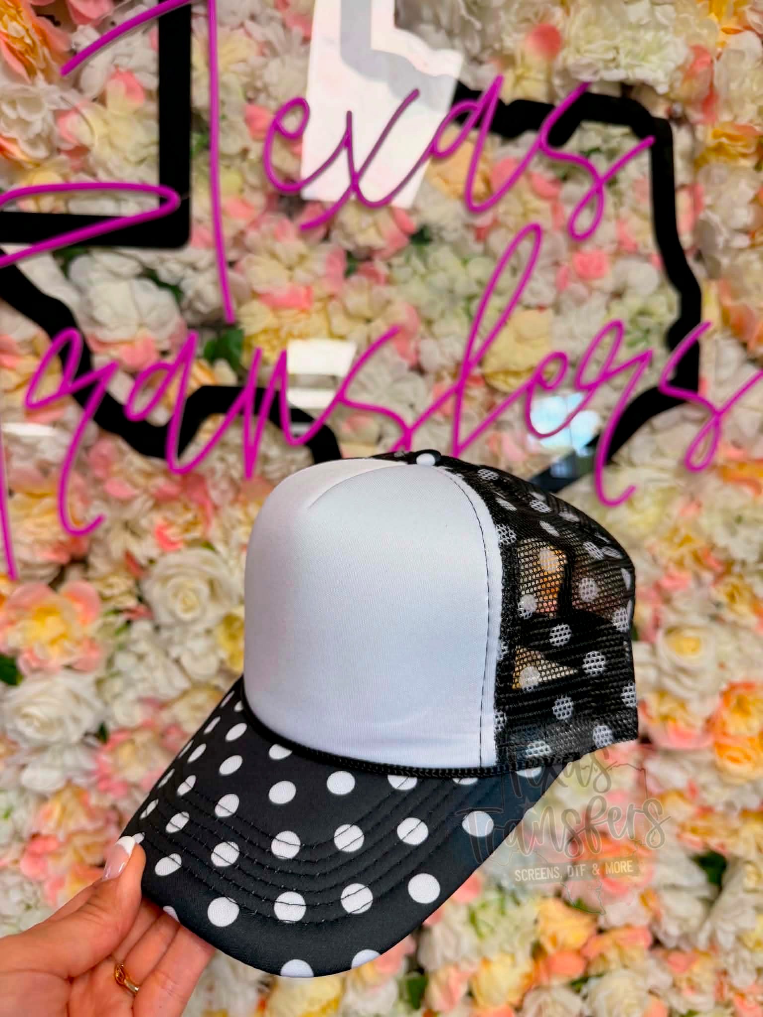 Black and White Polka Dot Trucker Hat - Texas Transfers and Designs