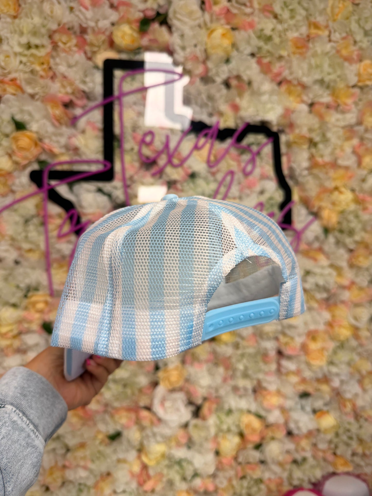 Baby Blue Striped Brim and Back Mesh Hat