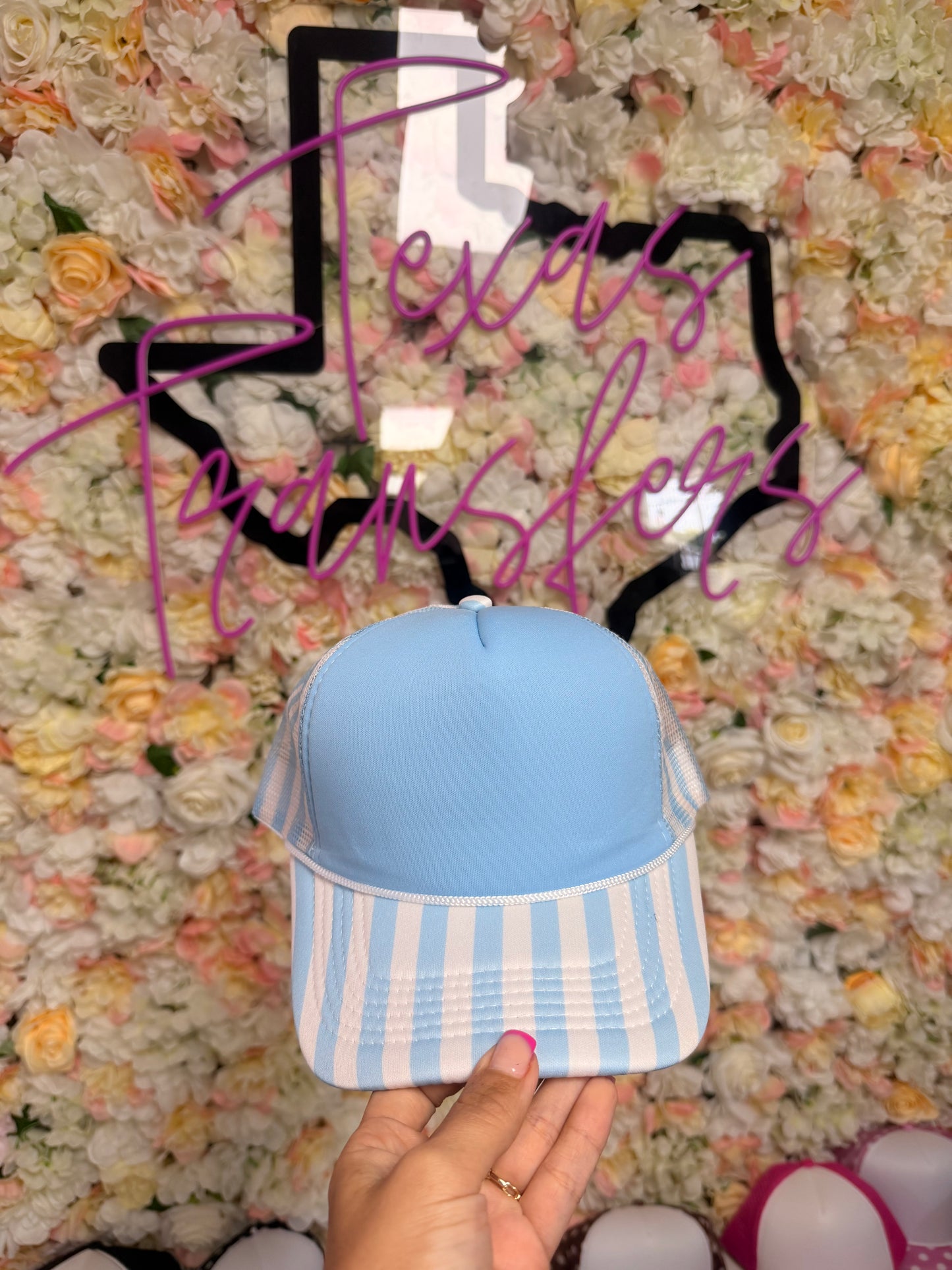 Baby Blue Striped Brim and Back Mesh Hat