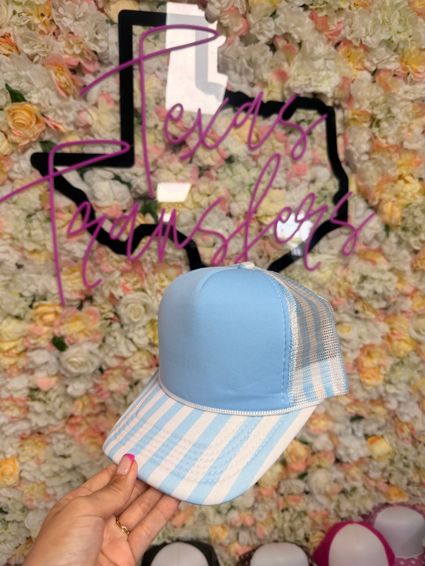 Baby Blue Striped Brim and Back Mesh Hat