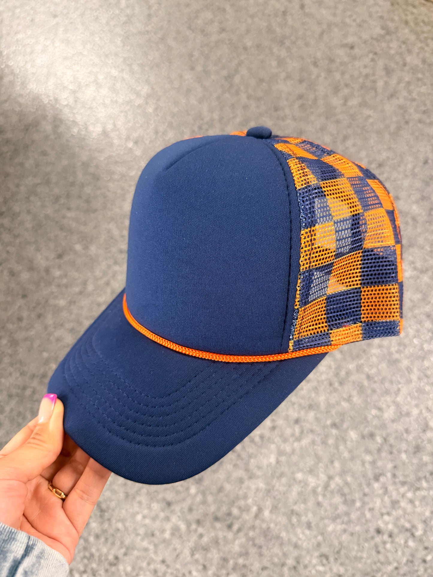 Navy Front Orange Checkered Mesh Trucker Hat