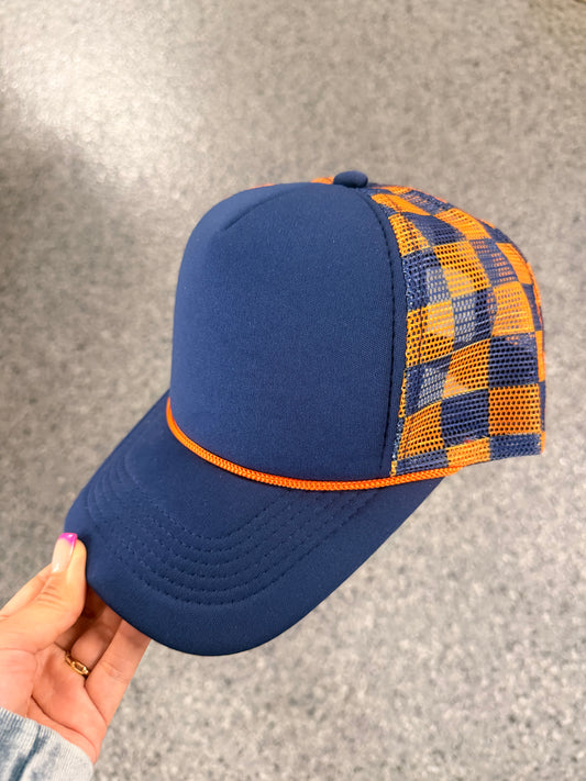 Navy Front Orange Checkered Mesh Trucker Hat