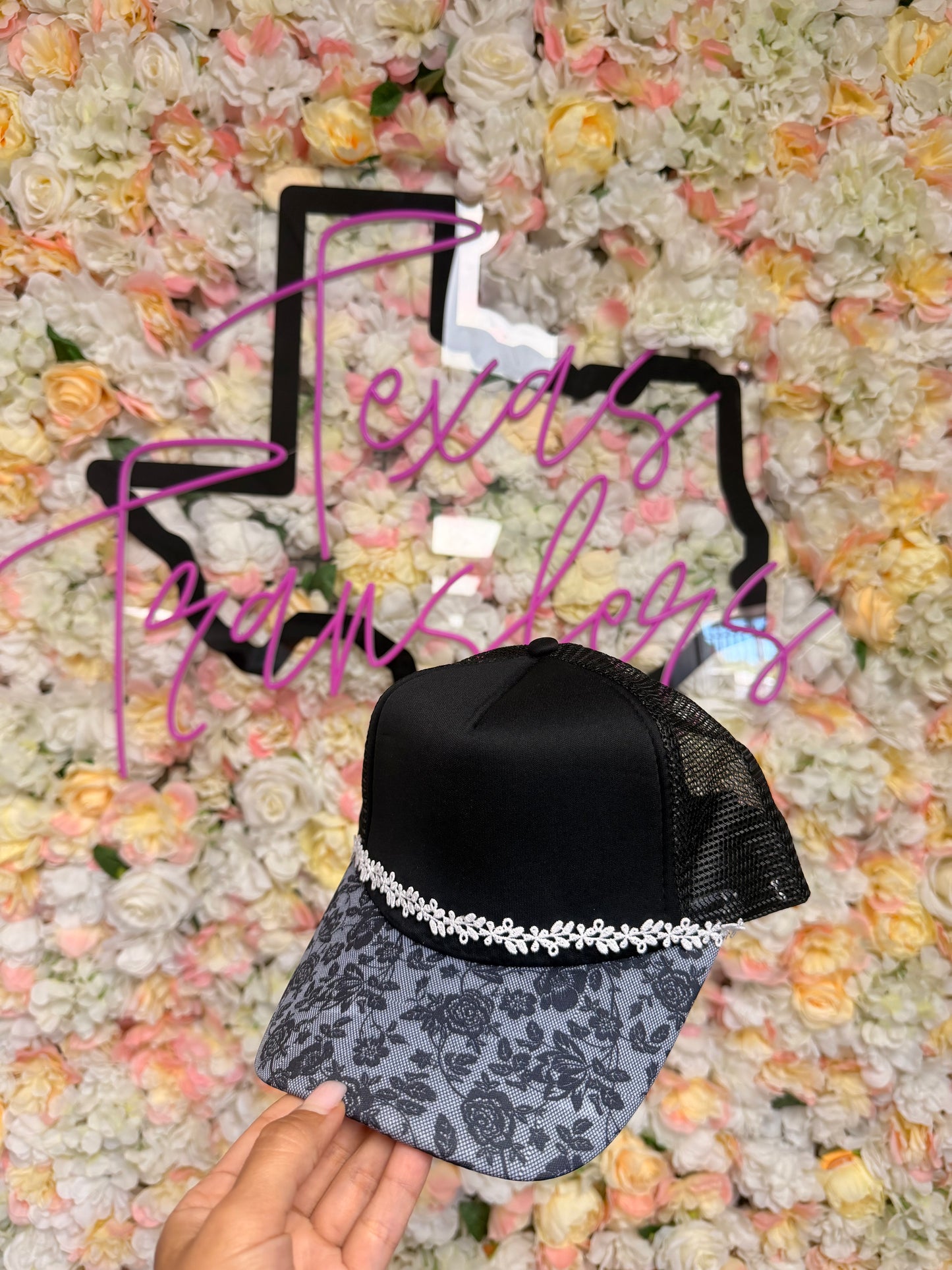 Black Lace Brim Trucker Mesh Hat