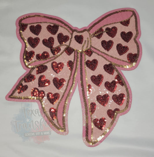 Sequin Pink Bow w/ Red Hearts XL  Iron-On Patch