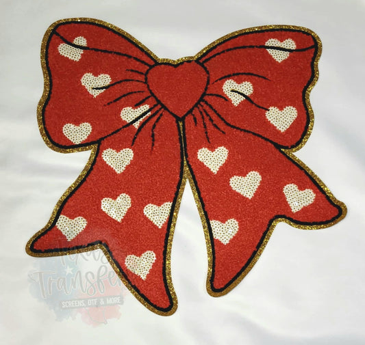 Red Bow w/ White Heart Sequin XL  Iron-On Patch