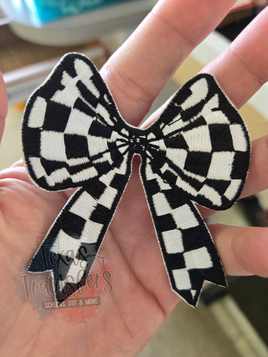 Black Checker Bow Iron-On PATCH - Texas Transfers and Designs