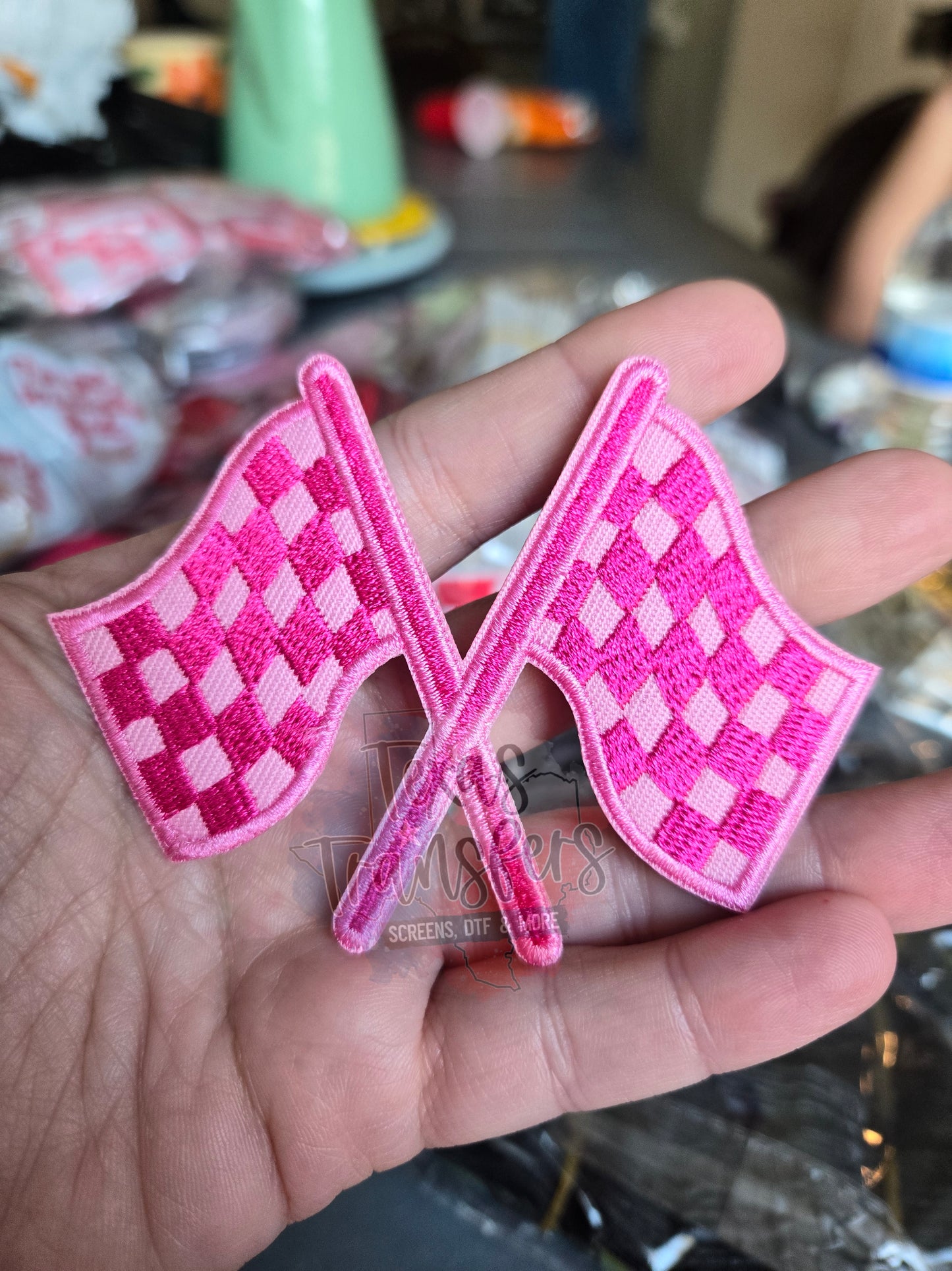 Pink Checker Flags Iron-On PATCH