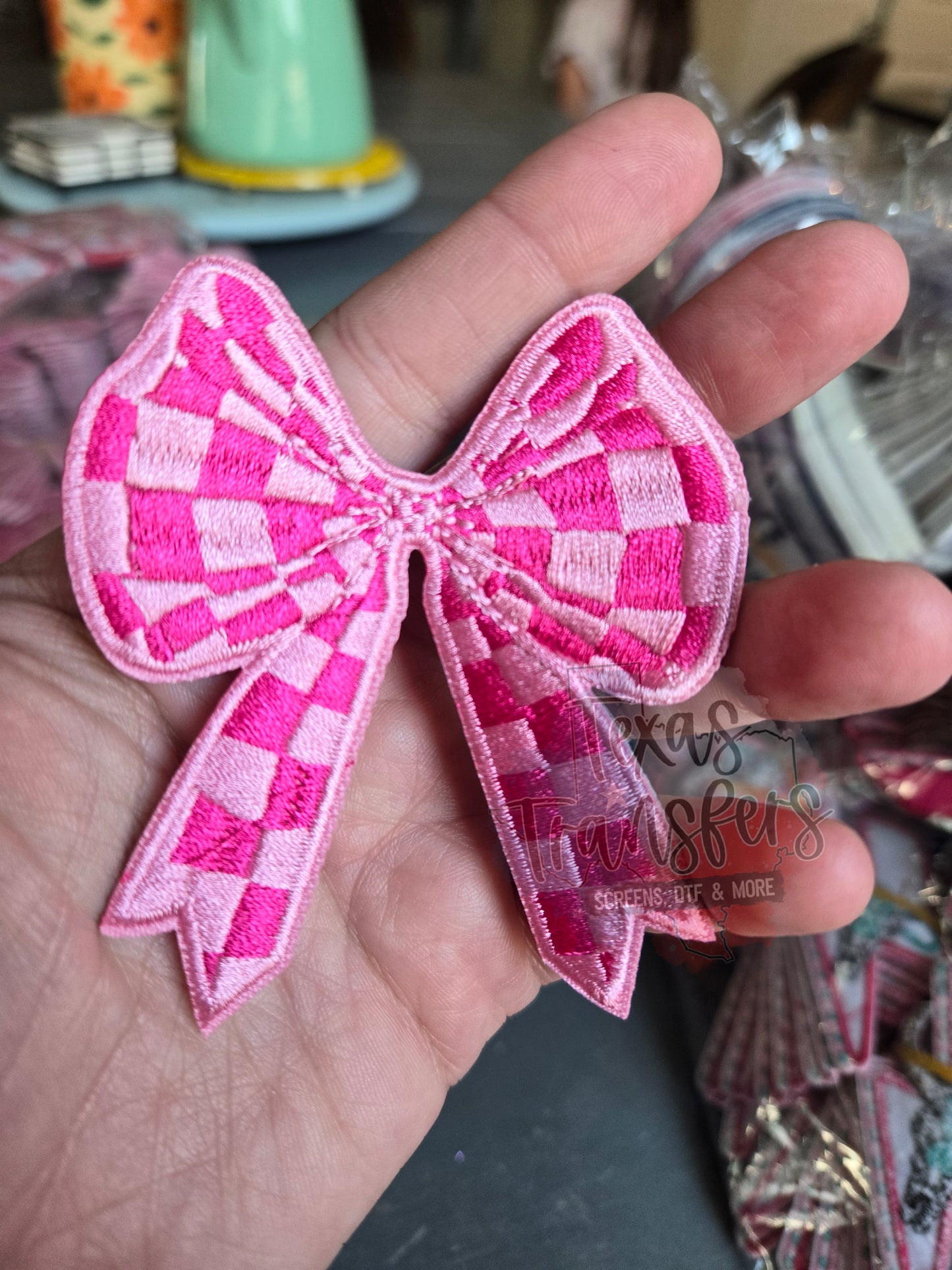 Pink Checker Bow Iron-On PATCH