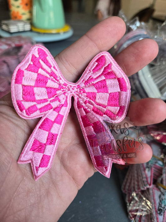 Pink Checker Bow Iron-On PATCH - Texas Transfers and Designs