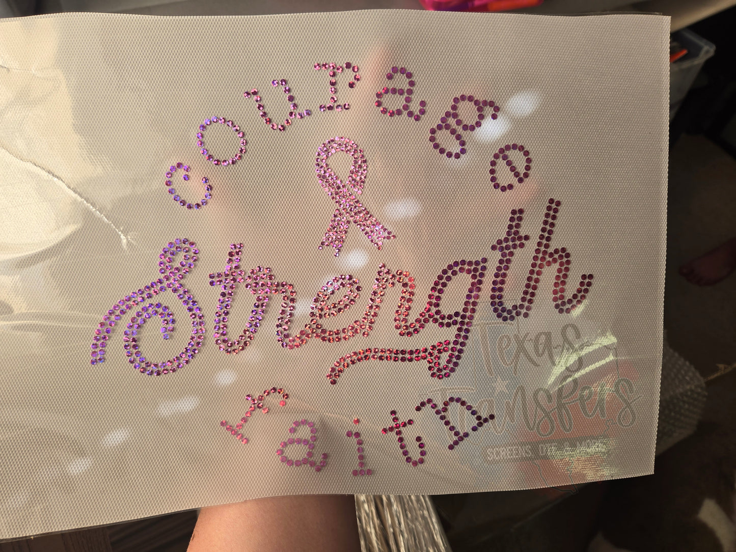 Courage Strength Faith/Breast Cancer Spangle Transfer - Texas Transfers and Designs