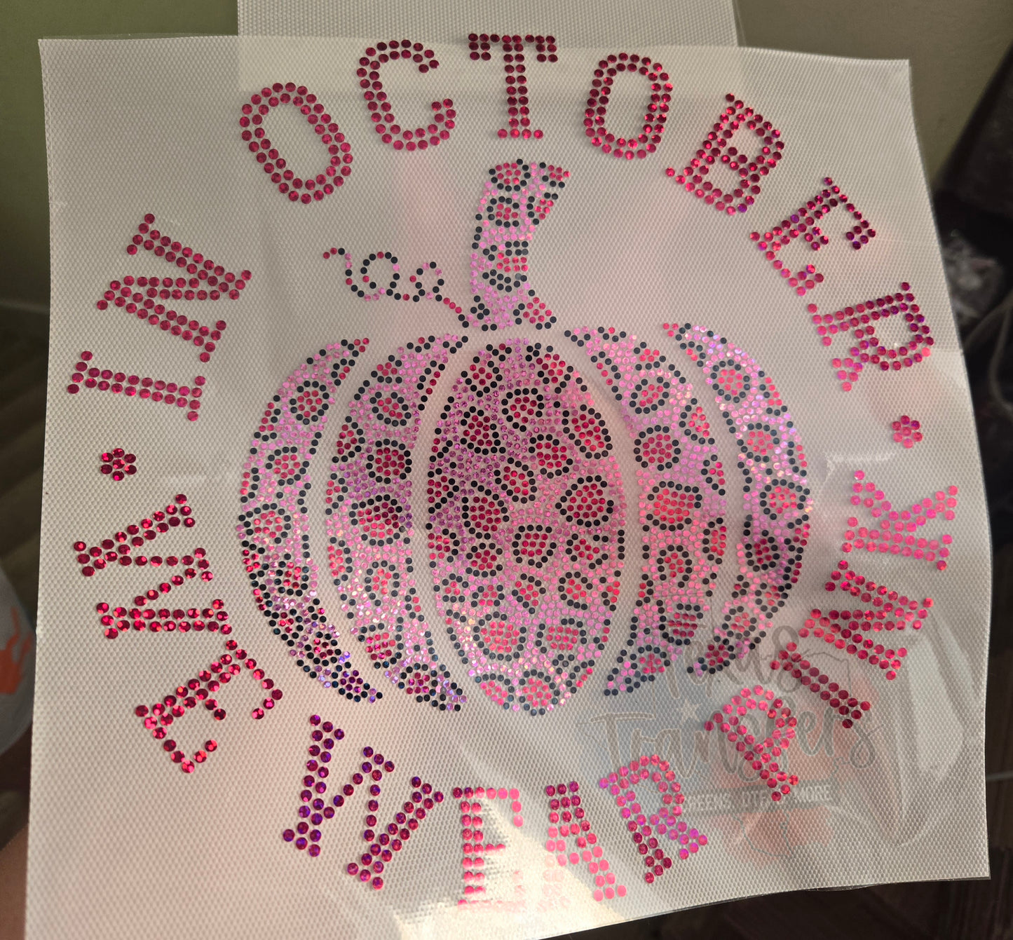 In October We Wear Pink PUMPKIN/Breast Cancer Spangle Transfer - Texas Transfers and Designs