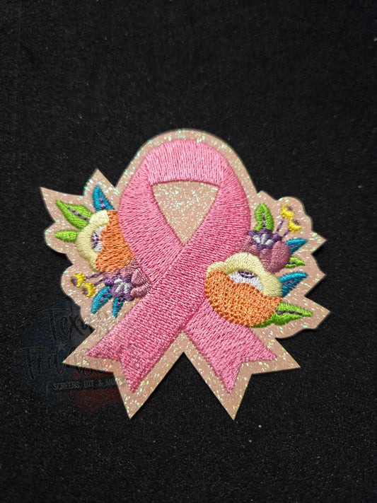 Breast Cancer Glitter/Floral Ribbon Iron-On PATCH - Texas Transfers and Designs