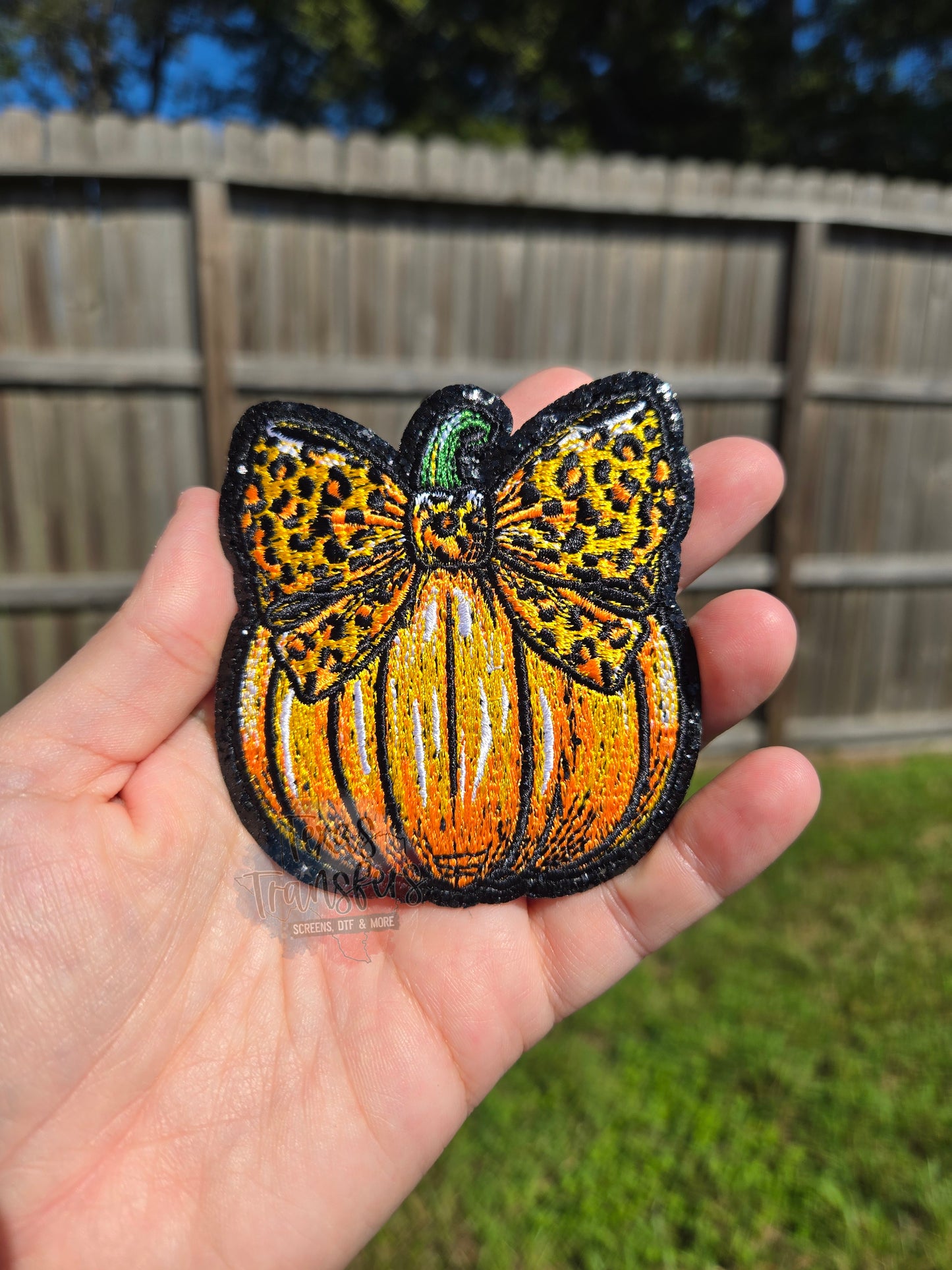 Leopard Bow Pumpkin Glitter Iron-On PATCH - Texas Transfers and Designs