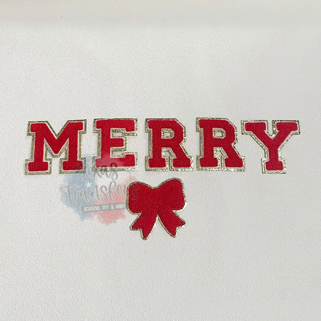 Merry (White/Pink or Red) Iron-On PATCH SET - Texas Transfers and Designs