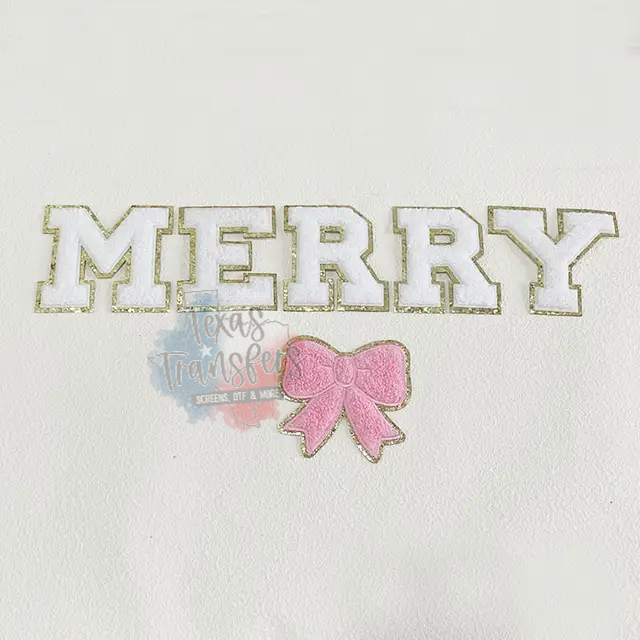 Merry (White/Pink or Red) Iron-On PATCH SET - Texas Transfers and Designs