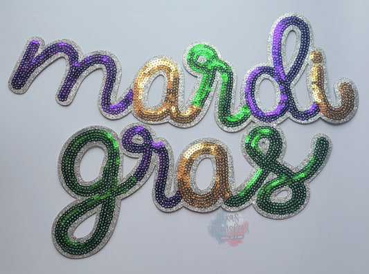 Mardi Gras Sequin(Cursive) XL Iron-On Patch