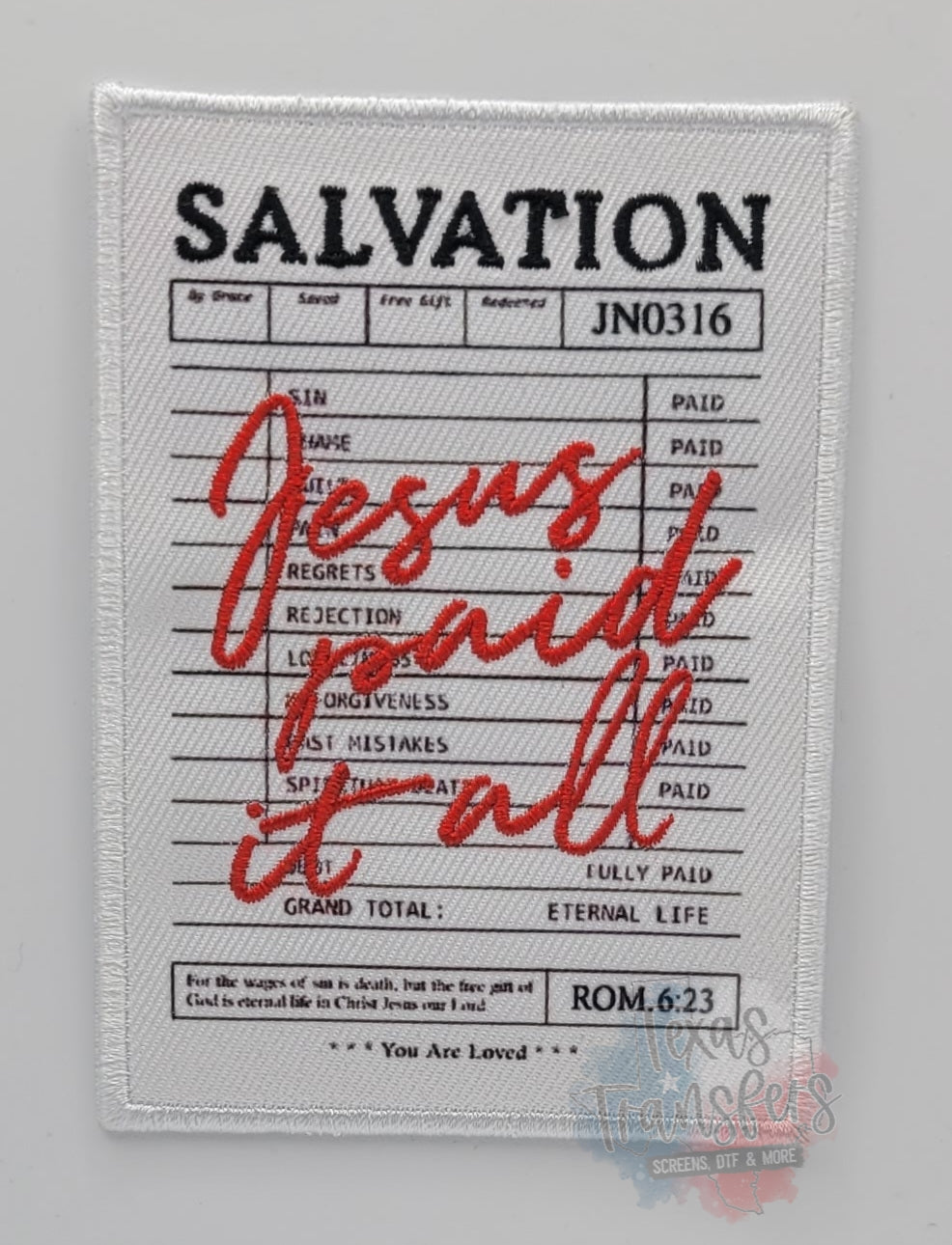 Jesus Paid It All Iron-On PATCH *EXCLUSIVE* - Texas Transfers and Designs