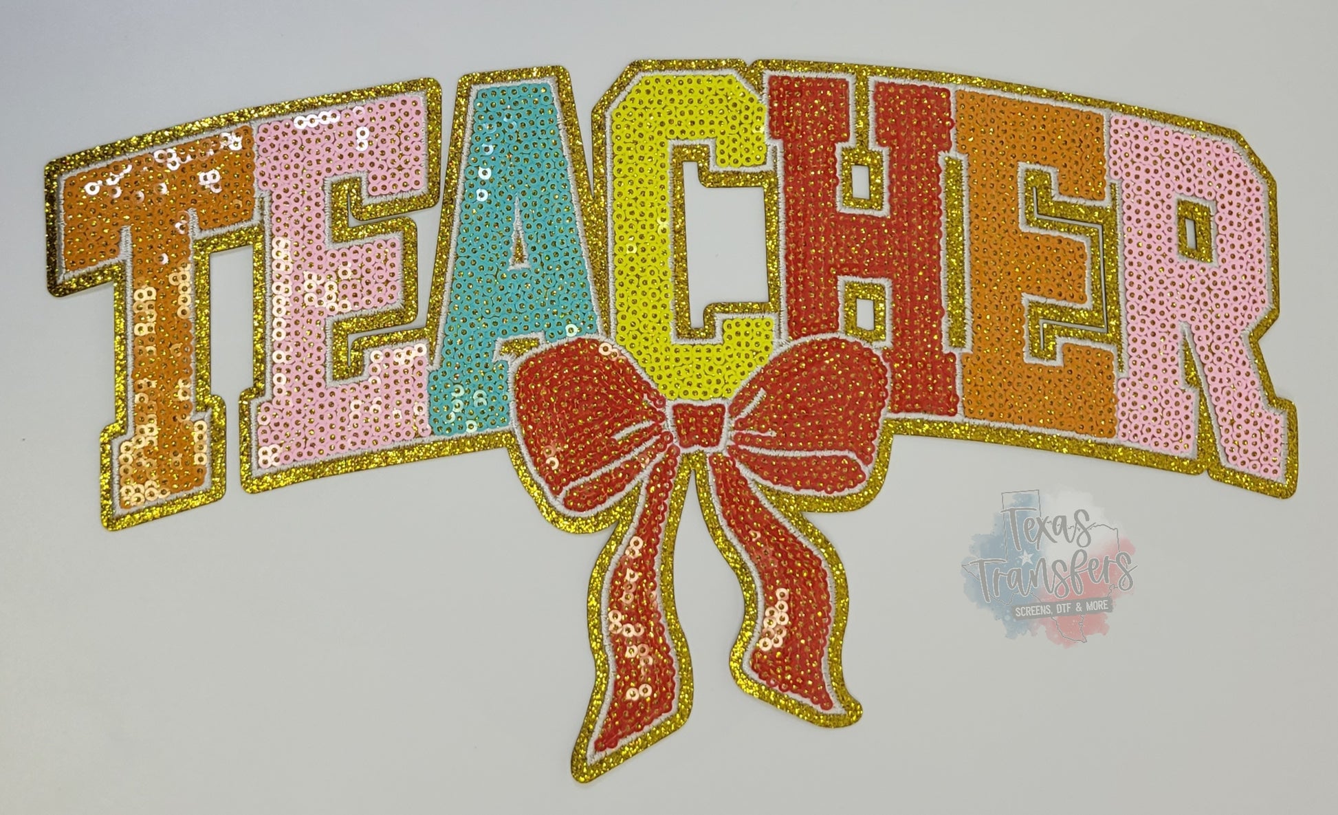 Teacher Sequin Bow XL Iron-On Patch - Texas Transfers and Designs