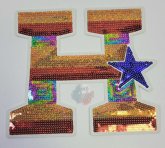 RESTOCK Arriving 4/18 Retro H Sequin Rainbow XL Iron-On Patch - Texas Transfers and Designs