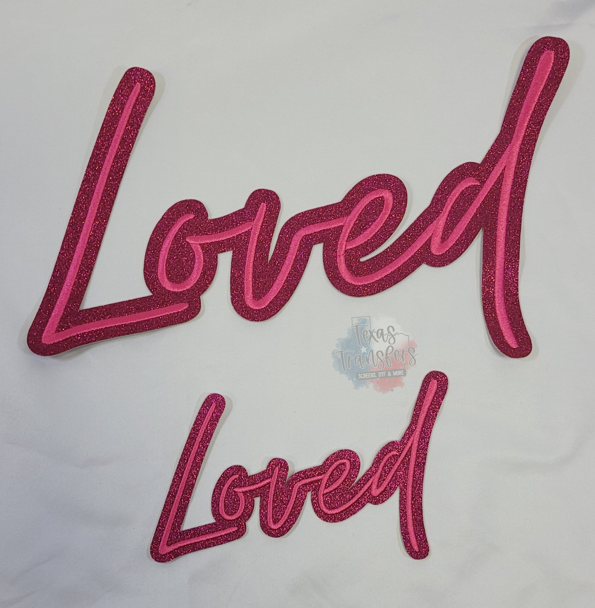 Pink Glitter Loved Iron-On Patch - Texas Transfers and Designs