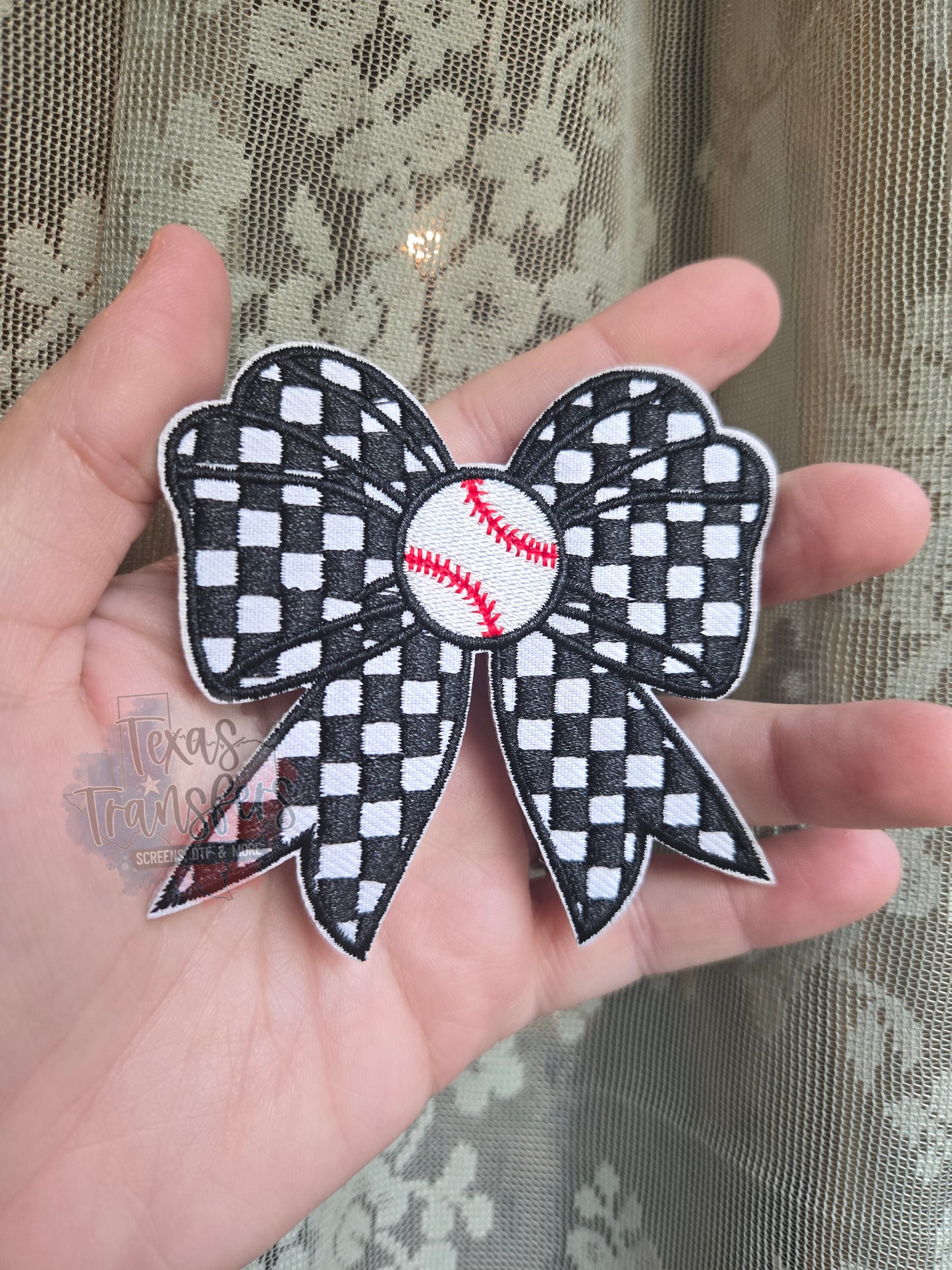 Baseball Checker Bow Iron-On PATCH - Texas Transfers and Designs