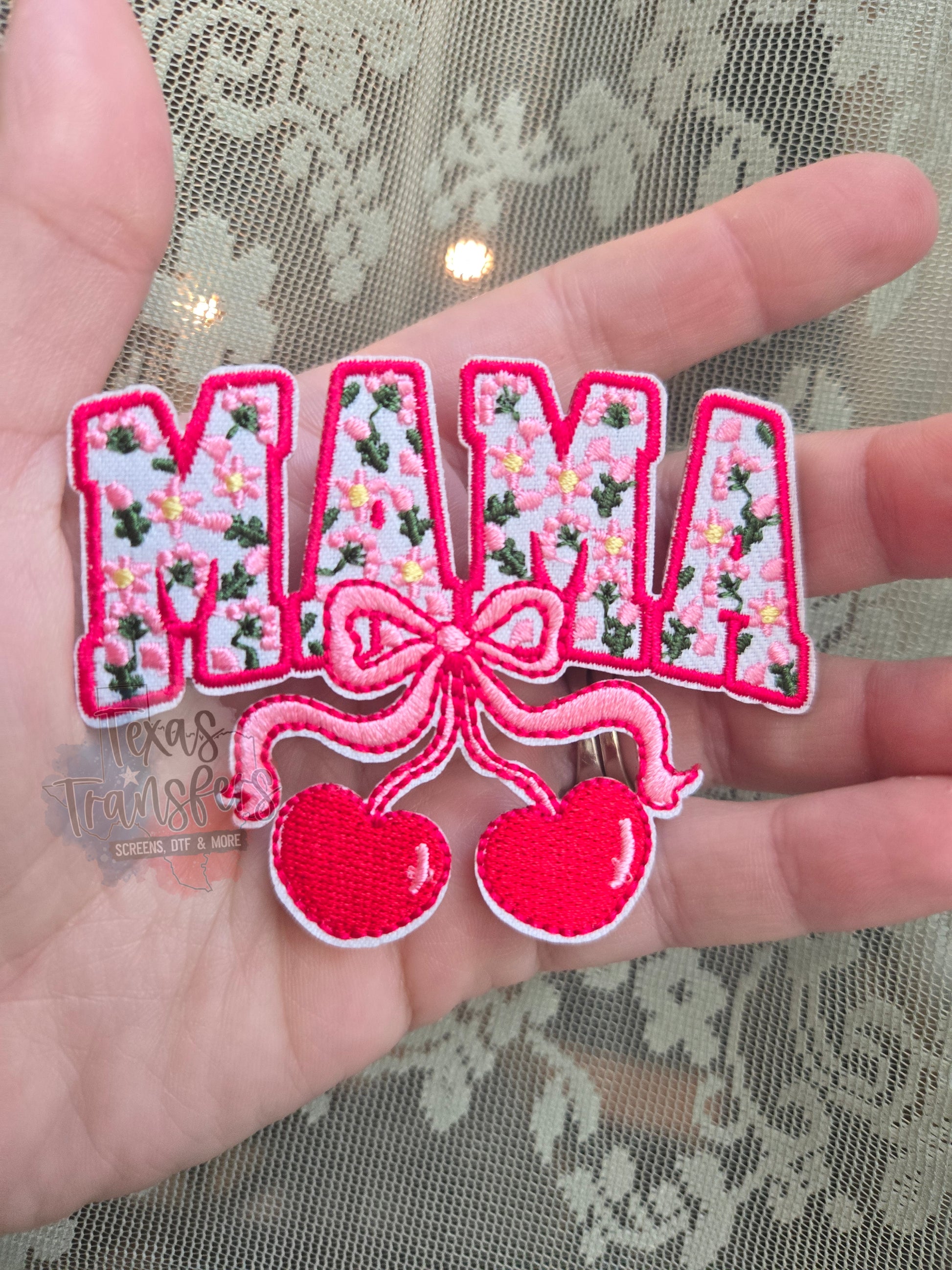Mama Cherry Bow Iron-On Patch - Texas Transfers and Designs