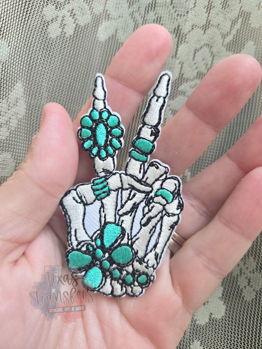 Turquoise Rings Peace Skeleton Iron-On Patch - Texas Transfers and Designs