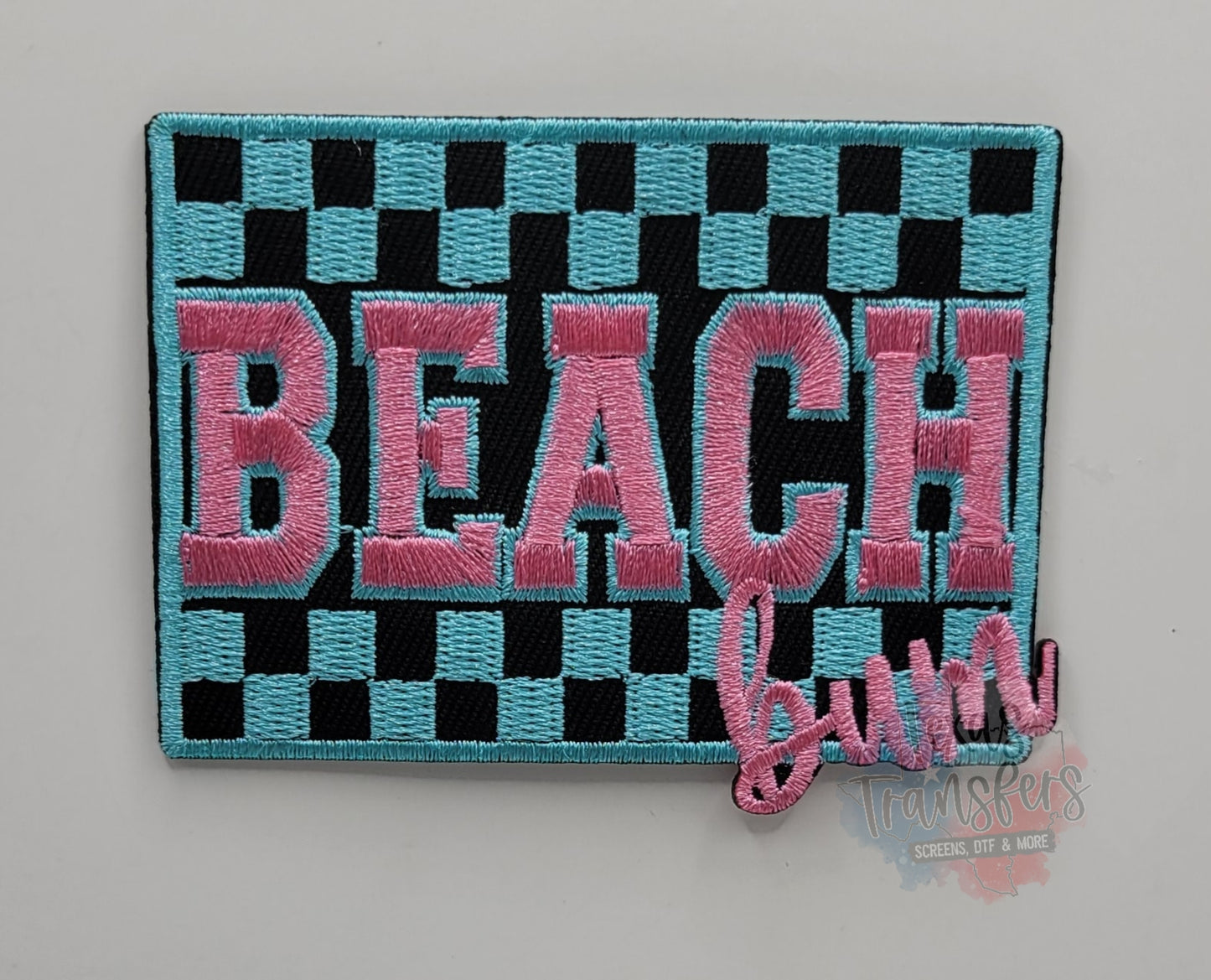 Teal Checkered Beach Bum Iron-On Patch - Texas Transfers and Designs