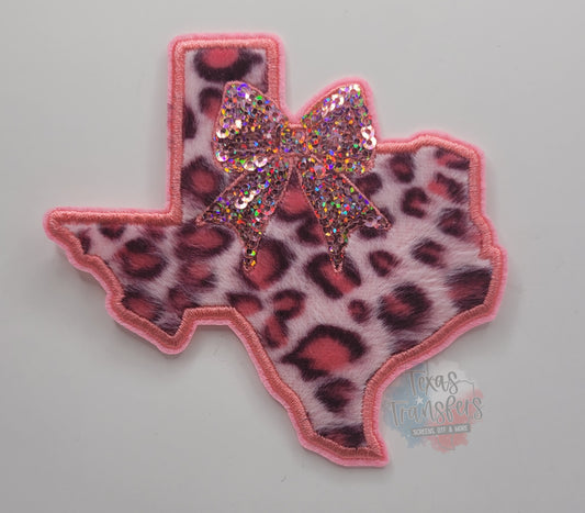 Leopard Texas W/ Sequin Bow Iron-On PATCH *DISCONTINUED* - Texas Transfers and Designs