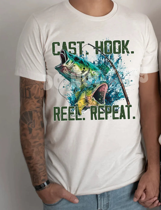 Cast Hook Reel Repeat (Fishing) DTF - Texas Transfers and Designs