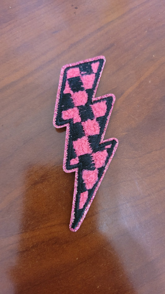 Pink Checkered Chenille Bolt Iron-On Patch *DISCONTINUED* - Texas Transfers and Designs