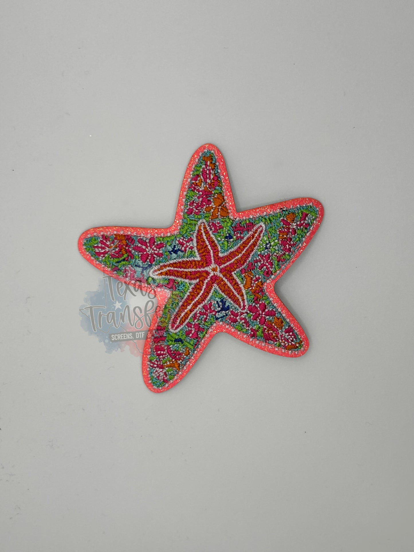 Coral Glitter Starfish Iron-On PATCH - Texas Transfers and Designs