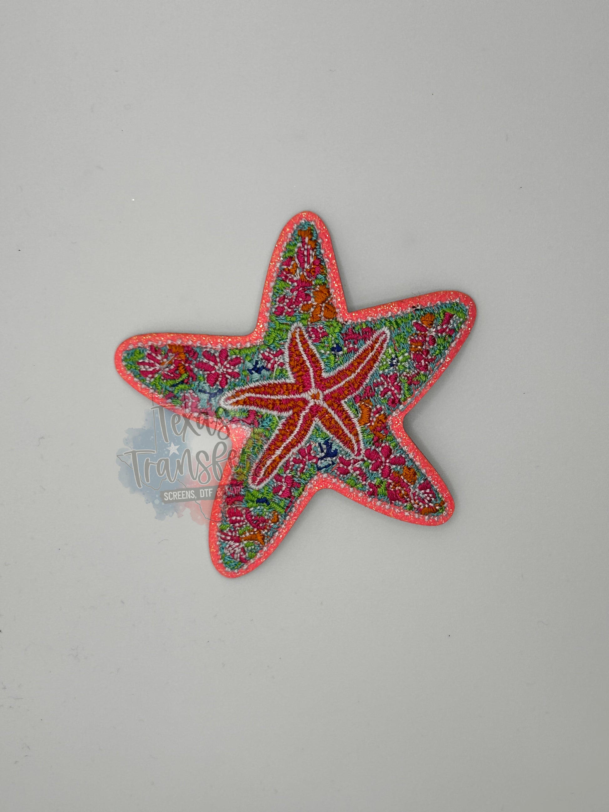 Coral Glitter Starfish Iron-On PATCH - Texas Transfers and Designs
