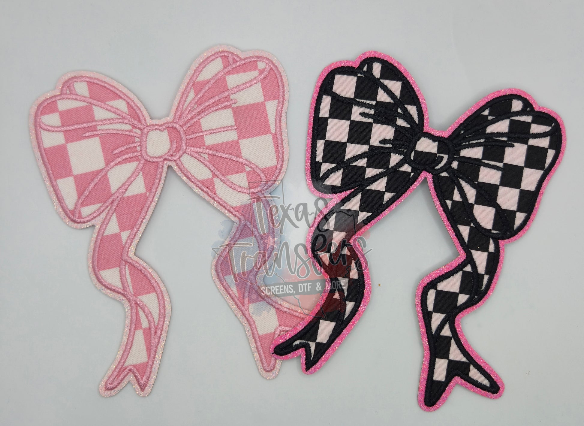 6" Pink Checker Bow Iron-On PATCH - Texas Transfers and Designs