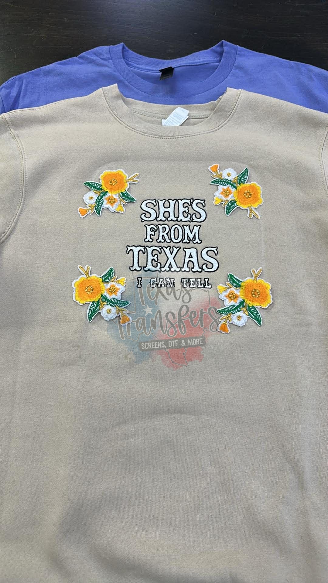 She's From Texas Embroidered Sweatshirt (Select Color) - Texas Transfers and Designs