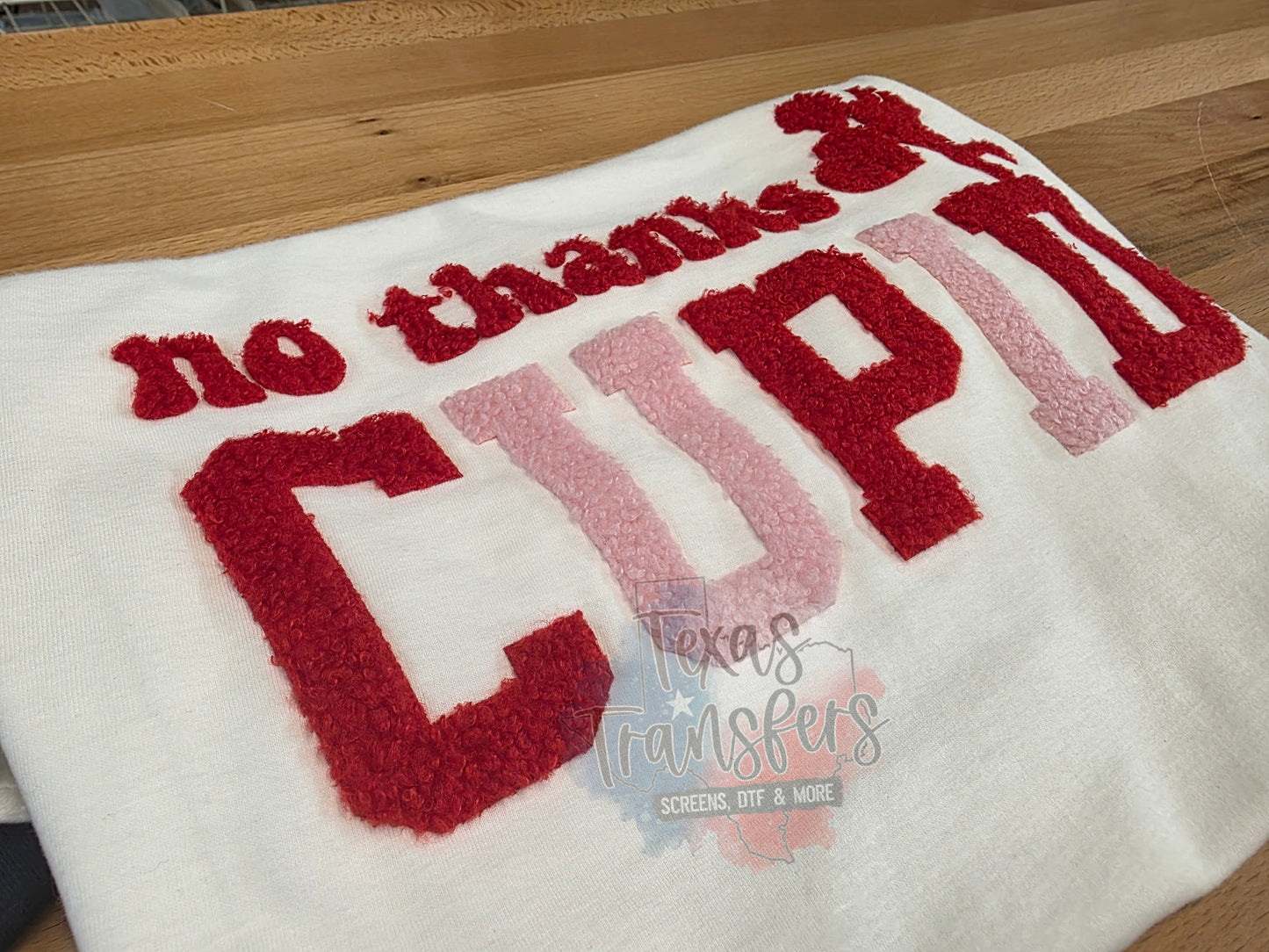 No Thanks Cupid Fluffy Fuzzy XL Iron-On Patch