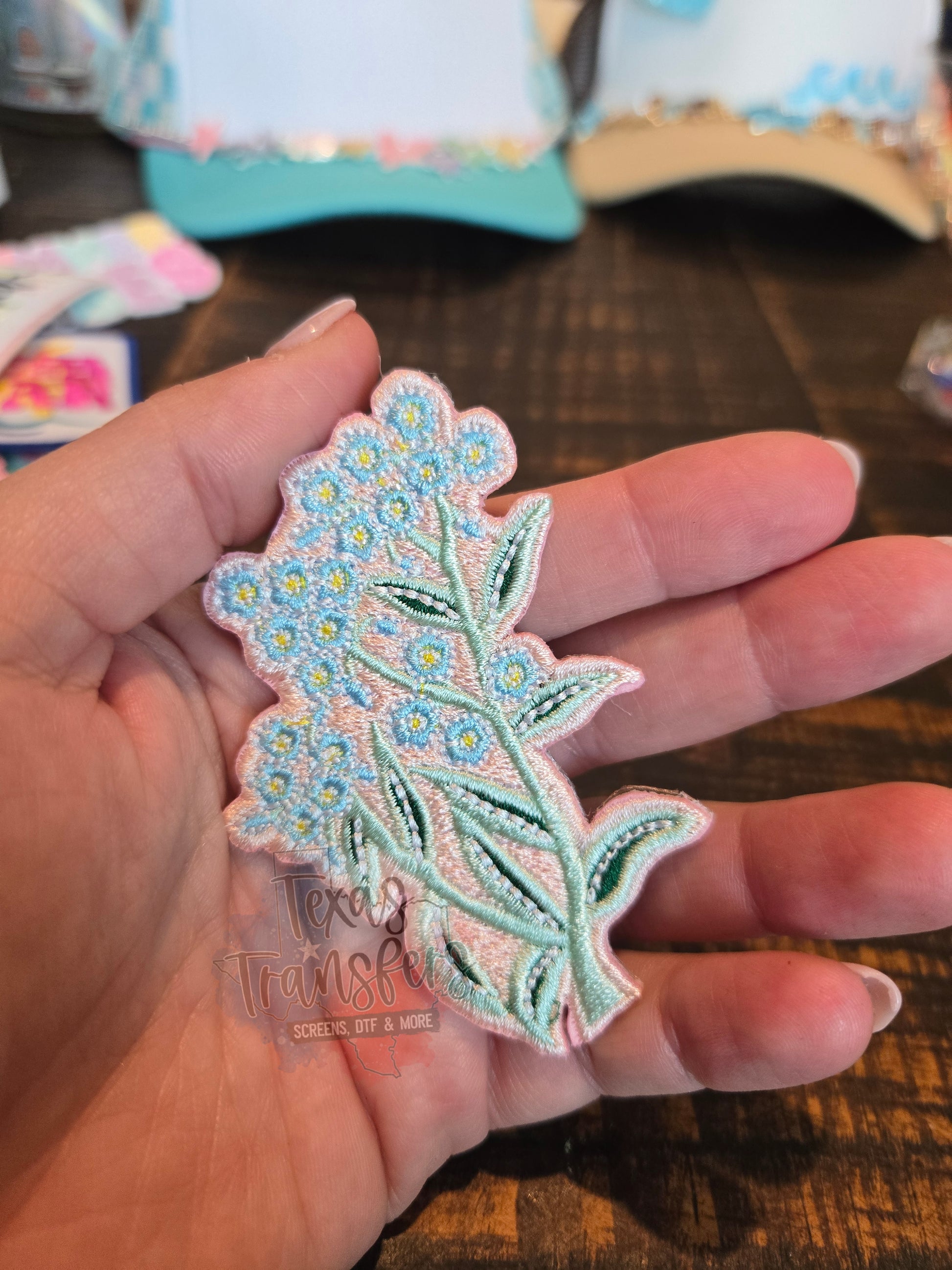 Dainty Light Blue Flowers Iron-On PATCH - Texas Transfers and Designs