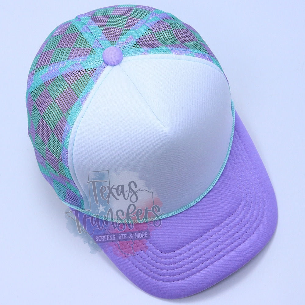 PRE-ORDER Arriving 4/3 Lavender/Mint Checker Back Trucker Hat - Texas Transfers and Designs