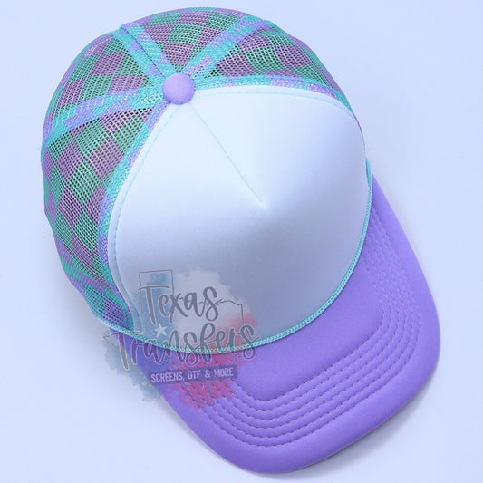 PRE-ORDER Arriving 4/3 Lavender/Mint Checker Back Trucker Hat - Texas Transfers and Designs