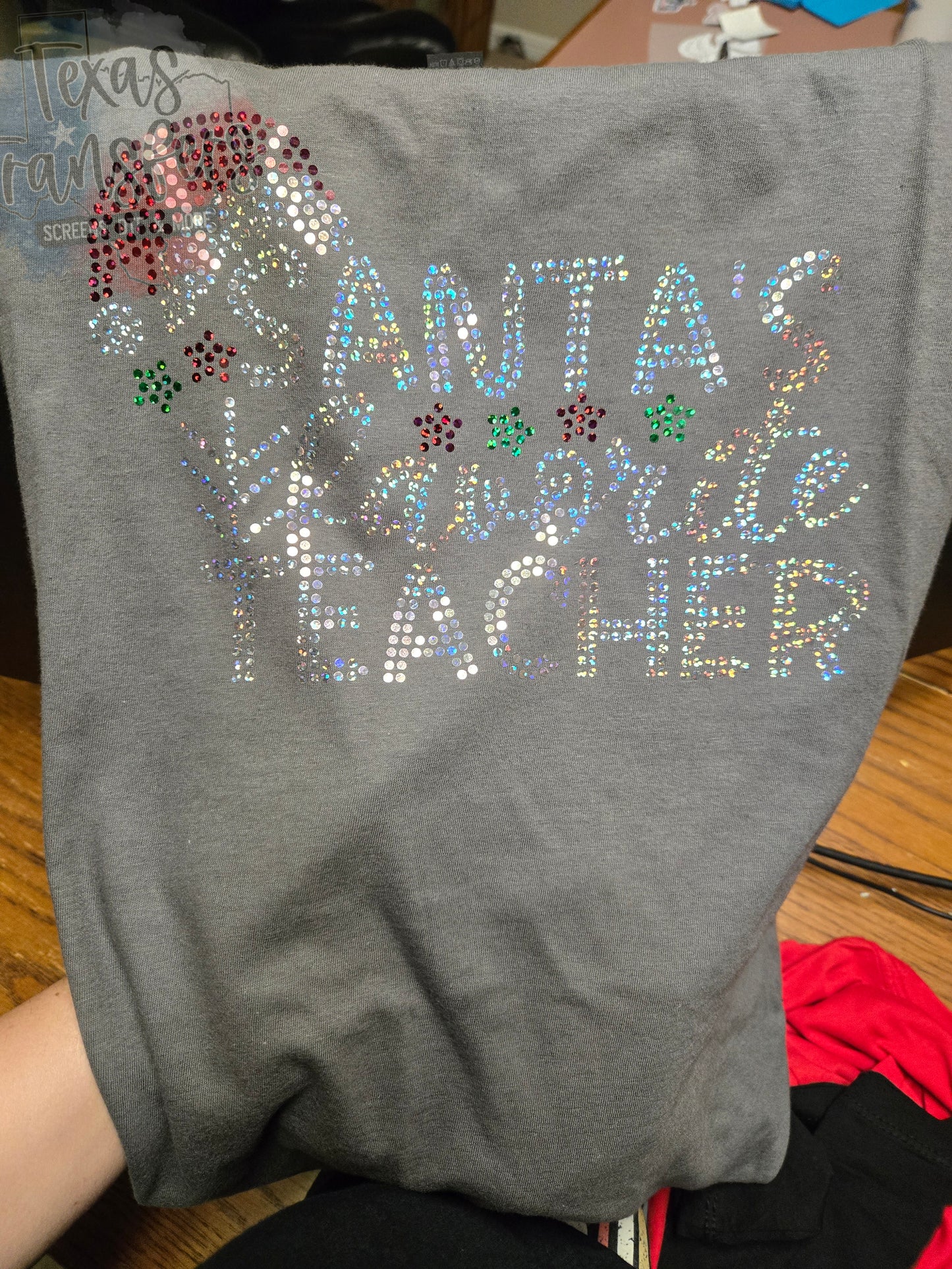 Santa's Favorite Teacher Spangle Transfer - Texas Transfers and Designs