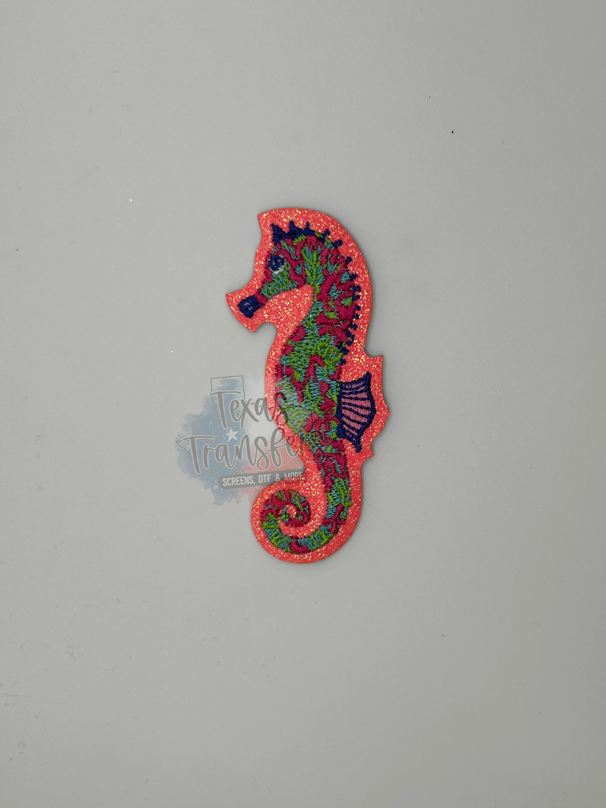 Coral Glitter Seahorse Iron-On PATCH - Texas Transfers and Designs