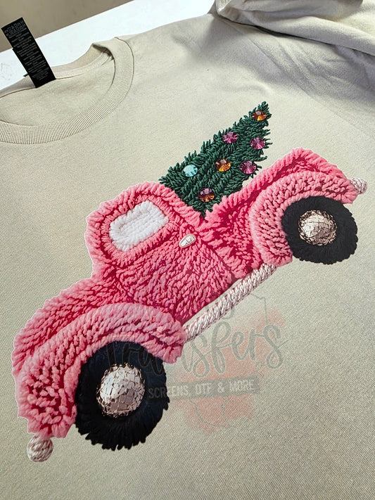 Faux Yarn Pink Truck with Tree DTF - Texas Transfers and Designs