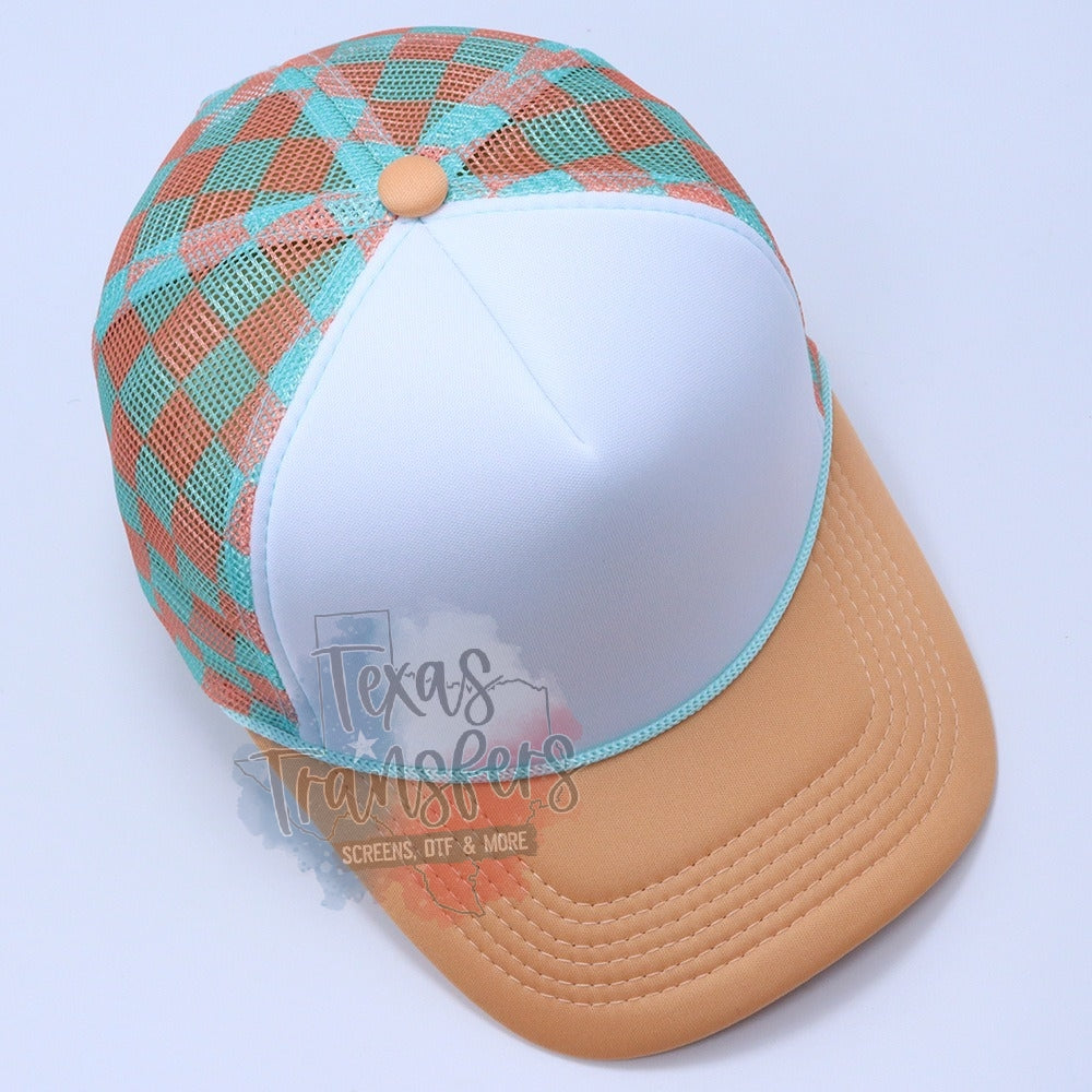 PRE-ORDER Arriving 4/3 Mint/Sherbet Checker Back Trucker Hat - Texas Transfers and Designs