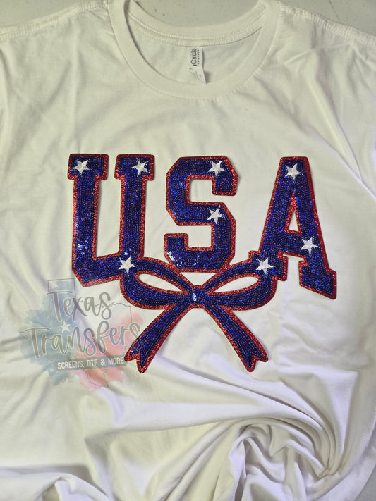 USA Bow Sequin/Glitter XL Iron-On PATCH - Texas Transfers and Designs