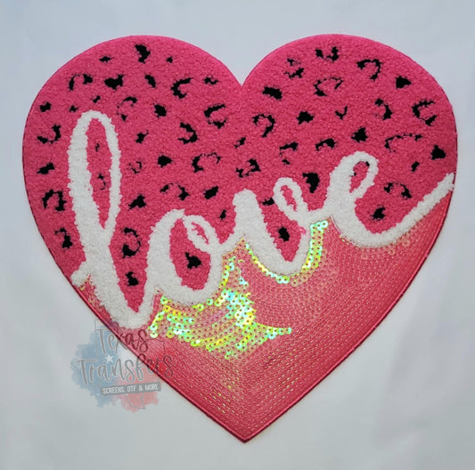 Leopard Sequin Love Heart XL  Iron-On Patch