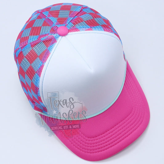 PRE-ORDER Arriving 4/3 Hot Pink/Light Blue Checker Back Trucker Hat - Texas Transfers and Designs