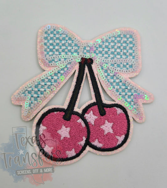 Micro Checker Sequin Glitter Cherry Bow Iron-On PATCH - Texas Transfers and Designs
