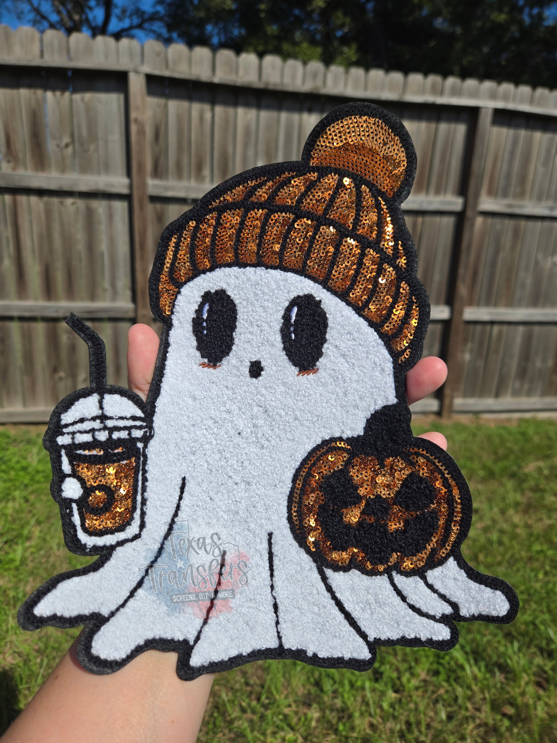 XL Ghost/Iced Coffee Iron-On PATCH - Texas Transfers and Designs