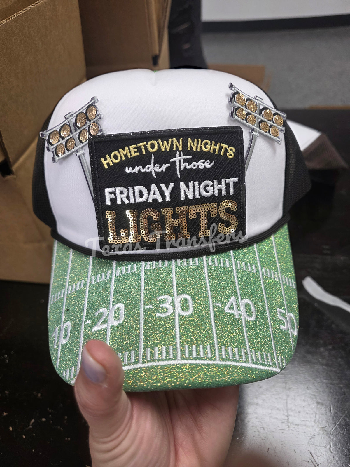 Black Embroidered Glitter Football Brim Premium Trucker Hat *EXCLUSIVE*
